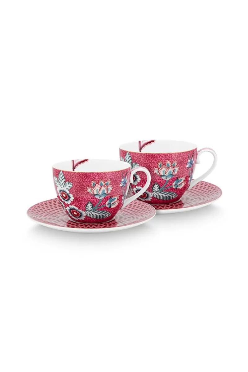 Hot Pip Studio Flower Festival Set/2 Cappuccino Tasse & Undertasse Dunkelrosa