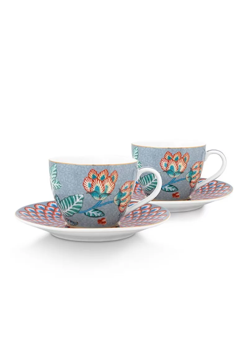 Best Sale Pip Studio Flower Festival Set/2 Espresso Tasse & Undertasse Hell Blau